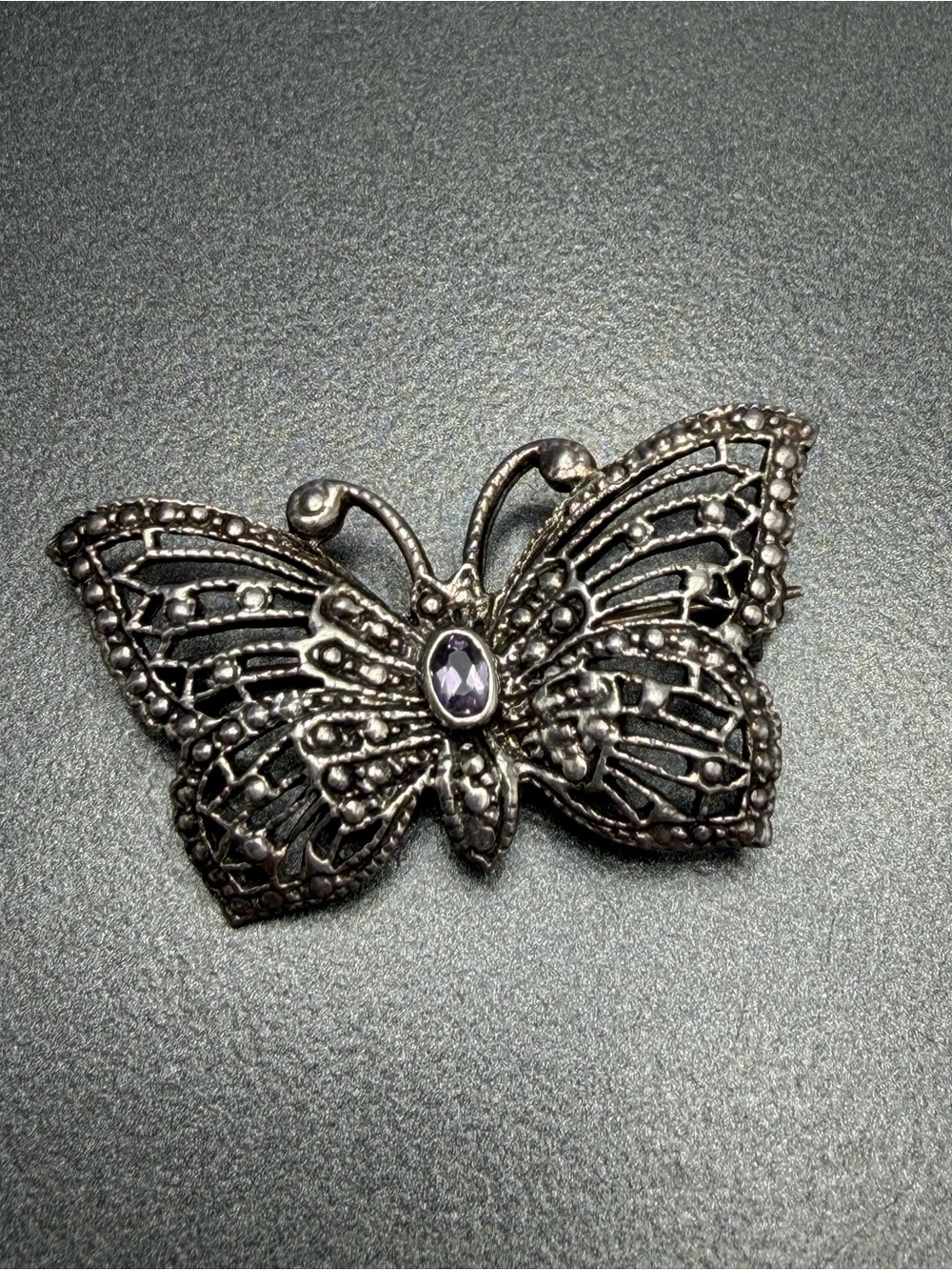 Vintage Butterfly 925 Sterling silver Brooch with Purple Stone